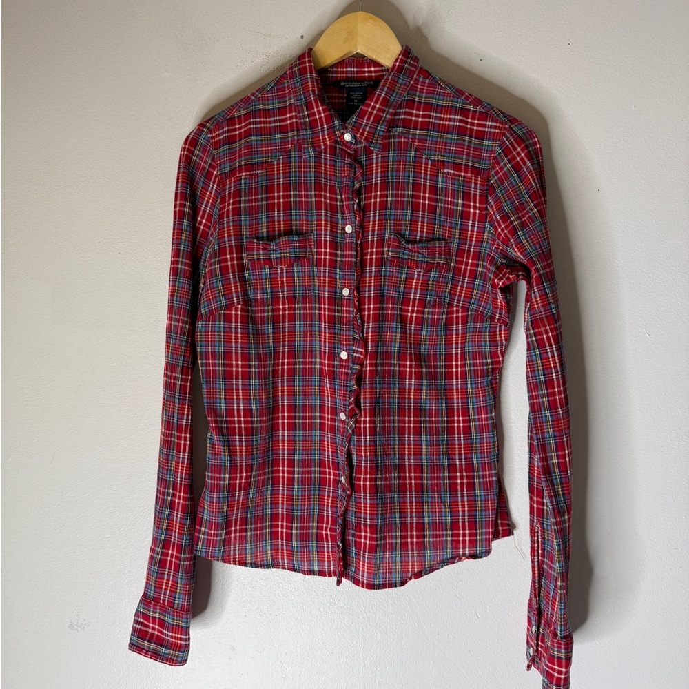 abercrombie fitch Red Blue Plaid Collar Pearl Snap Down Gauze Cotton Top Ruffle
